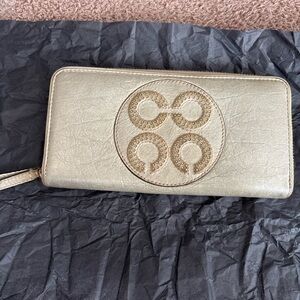 Coach Gold Metallic Leather Zip Around Wallet Large Logo Continental Wallet